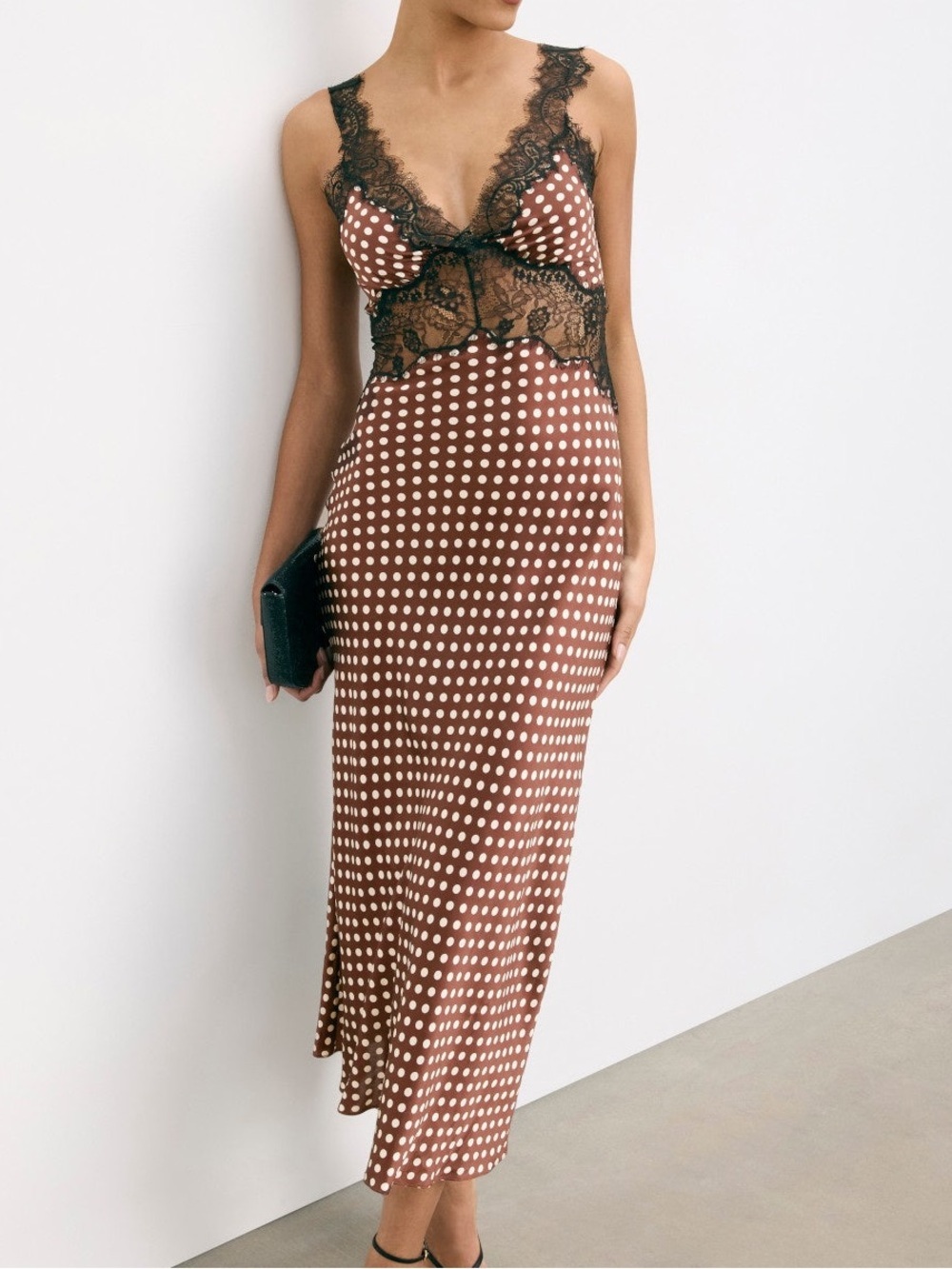 Ronny Kobo Holiday V-Neck Lace-Trim Silk Midi Dress in Brown Polka Dot